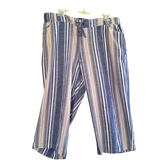 Lane Bryant Linen Blend Wide Leg Pants 16 Blue Stripe Drawstring Cropped Pull On - Picture 1 of 13